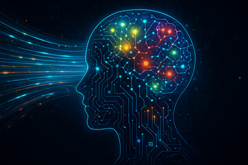 Artificial Intelligence Concept with Human Brain Circuit Visualization and Glowing Neural Network