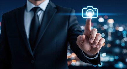 Businessman Touching Digital Camera Icon in Futuristic Cityscape.