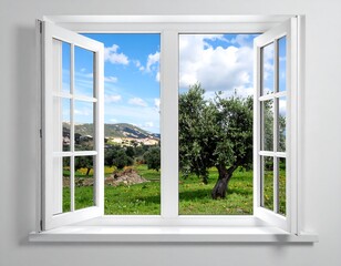 Open window to a scenic landscape