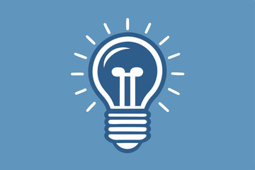 Lightbulb emitting radiating light in flat white style against simple plain blue background