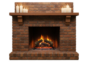 Brick fireplace with burning logs and candles isolated on transparent background, cozy home decor