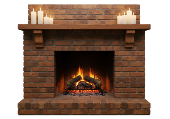 Brick fireplace with burning logs and candles isolated on transparent background, cozy home decor