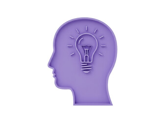 Purple head with lightbulb isolated on transparent background, creative idea concept PNG
