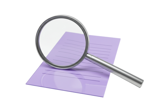 Magnifying glass over purple lined paper isolated on transparent background, search and investigation concept