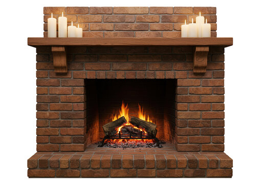 Brick fireplace with burning logs and candles isolated on transparent background, cozy home decor - Powered by Adobe