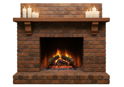 Brick fireplace with burning logs and candles isolated on transparent background, cozy home decor