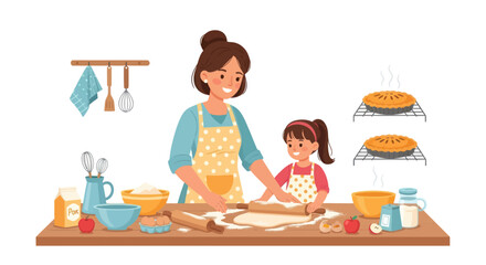 A diverse set of cartoon chefs and bakers with various ingredients and kitchen tools for making dough.