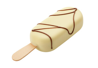 White chocolate ice cream bar with chocolate drizzle isolated, sweet dessert on a stick