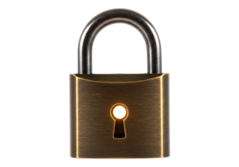 Antique brass padlock isolated on transparent background, security and protection concept