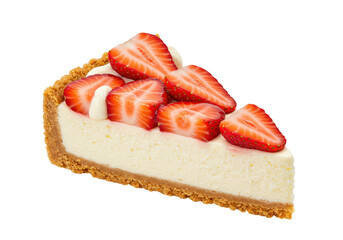 Delicious strawberry cheesecake slice isolated on transparent background, creamy dessert with graham cracker crust
