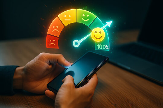 Customer satisfaction meter glowing from sad to happy with 100 percent score above smartphone in business hand