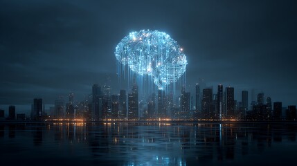Artificial intelligence brain over cityscape futuristic technology ai neural network concept image