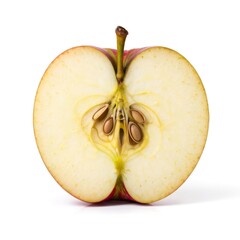 Close-up of an apple cut in half on a white background