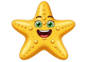 Smiling yellow starfish cartoon character isolated PNG, cute sea animal with green eyes on transparent background