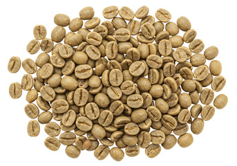 Pile of green coffee beans isolated on a pure background, unroasted coffee for healthy drinks