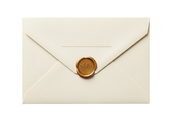 Elegant ivory envelope with gold wax seal isolated, formal stationery for invitations and correspondence