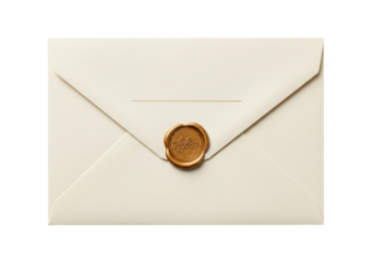 Elegant ivory envelope with gold wax seal isolated, formal stationery for invitations and correspondence