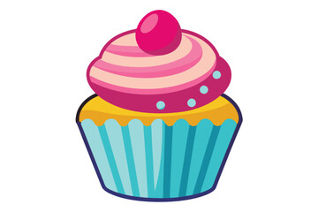 Cartoon cupcake has a pink cherry and striped frosting with a blue liner