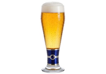 Tall beer glass with golden beer and foam isolated, refreshing drink for summer