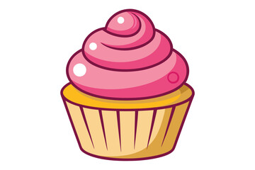 Isolated cupcake shows a pink frosting swirl atop a yellow base with outlining
