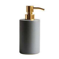 Obraz premium Modern gray cylindrical soap dispenser with elegant gold pump for bathroom or kitchen countertops