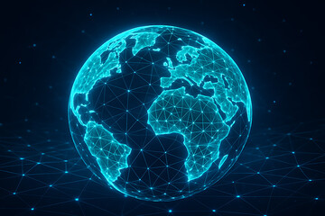 Futuristic glowing holographic globe with digital network connections across continents