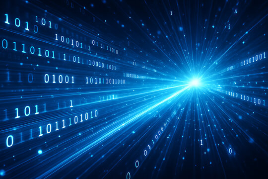 Futuristic glowing binary code background representing high-speed data transfer and technology