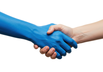 Blue painted hand shaking a normal hand isolated on white, business agreement concept