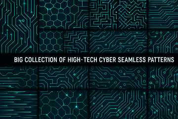 Futuristic seamless circuit patterns with glowing cyber technology design collection