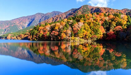 Reflective lake mirroring vibrant autumn foliage covered hills under a clear blue sky