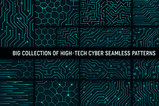 Futuristic seamless circuit patterns with glowing cyber technology design collection