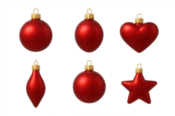 Red Christmas ornament clipart set with round, heart, star, and drop shapes, perfect for holiday decoration, festive design and winter projects.