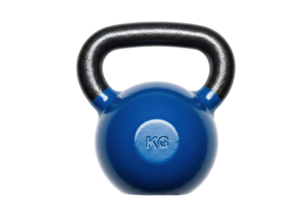 Blue kettlebell with black handle isolated on transparent background, fitness equipment