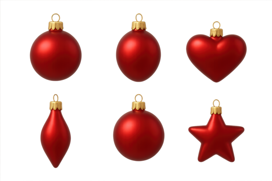 Red Christmas ornament clipart set with round, heart, star, and drop shapes, perfect for holiday decoration, festive design and winter projects.