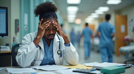A stressed Black male doctor in a white coat sits at his desk, running his hands through his curly hair, looking overwhelmed.