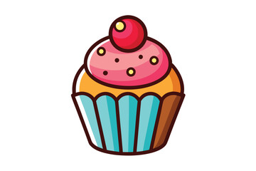 Cupcake features a pink frosted top and a vibrant blue liner, isolated