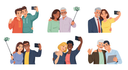 Diverse Groups of People Taking Selfies with Smartphones.