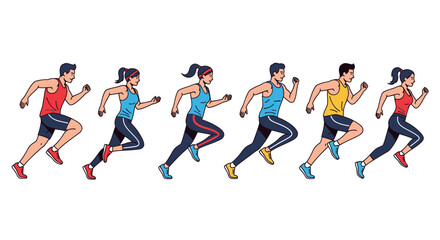 Group of Diverse Runners in Motion Cartoon Style Exercising Together.