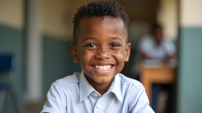 A joyful young Black boy smiles brightly in a classroom setting, embodying happiness and curiosity. - Powered by Adobe