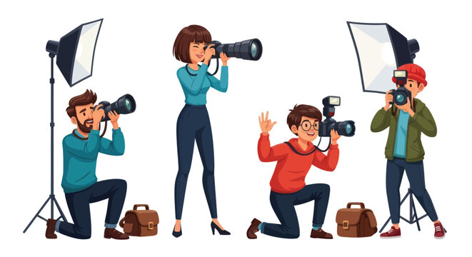 A diverse group of cartoon photographers with professional cameras lenses and studio lighting equipment. - Powered by Adobe