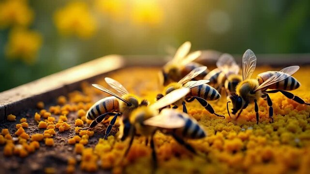 Close-up of honey bees gathering pollen on a wooden surface in a sunlit garden, highlighting the importance of pollinators in nature's ecosystem.