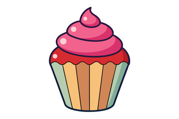 Cartoon cupcake features pink frosting on top of a multicolored base