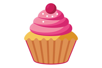 An isolated cupcake has pink frosting and a dark red cherry on top