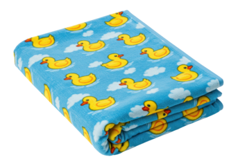 Folded blue baby blanket with yellow rubber duck pattern isolated, soft and cozy fabric