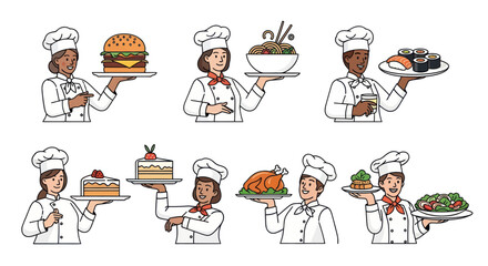 Diverse Cartoon Chefs Serving Various Delicious Cuisine Dishes.