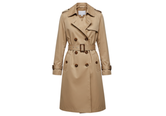 Classic beige trench coat isolated on white, double-breasted outerwear for women