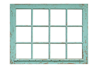 Old weathered turquoise window frame isolated, vintage wooden twelve pane window on transparent background