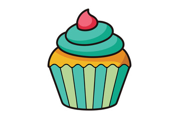 Cartoon cupcake showcases a pink topping and bright teal frosting swirls on the white background