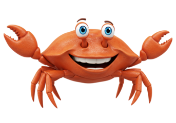Cartoon crab character PNG isolated on transparent background, happy sea creature mascot