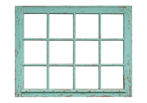 Old weathered turquoise window frame isolated, vintage wooden twelve pane window on transparent background